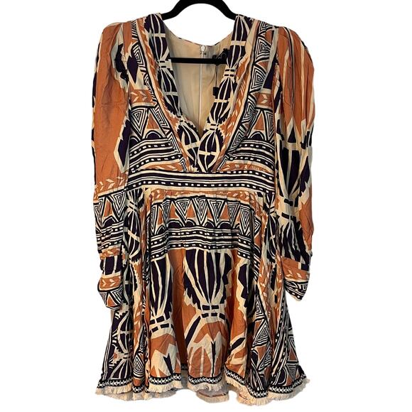 NWT Patbo Orange & Black Geometric Pattern Fringe Trim Mini Dress Size 8 - Picture 1 of 8